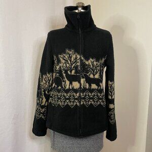 Black & Cream Zip-Front Women's Fleece Jacket with Deer Motif